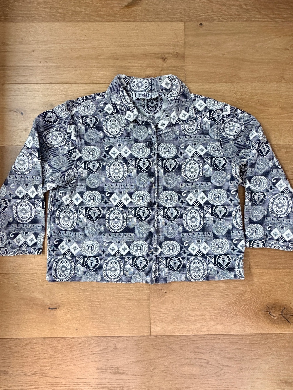 VTG Chico's Design Medallion Tapestry Shirt Jacket Black White Cotton Sz 2/Large